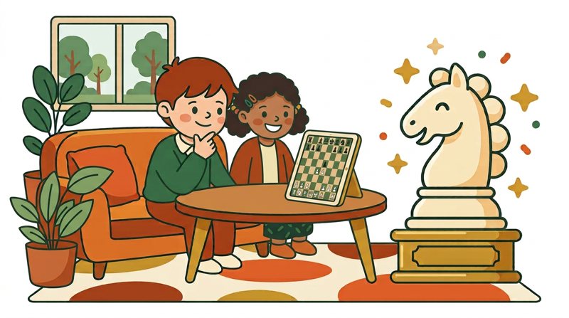 Due bambini sorridenti sul divano guardano una partita di scacchi su un tablet, con accanto il cavallo del marchio.